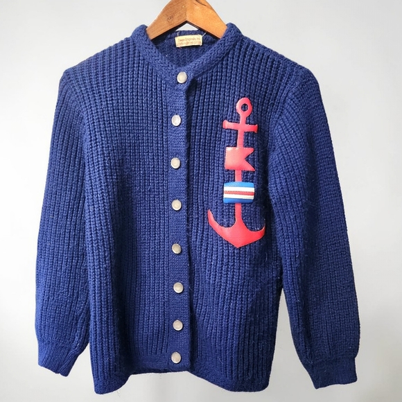 Owens Originals Sweaters - Vintage Ownen Navy Rib Knit Nautical Anchor Cardigan Sweater Button Up Womens S